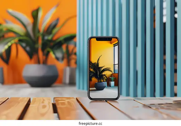 Modern Interior Design with Yellow Wall and Green Plant on a Mobile Phone Screen