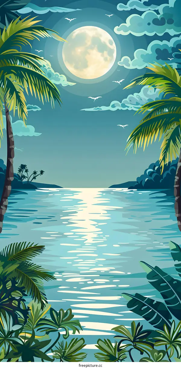 Tropical Night Landscape with Full Moon and Palm Trees