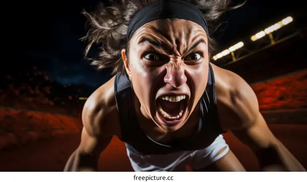 Female athlete with headband screaming while running