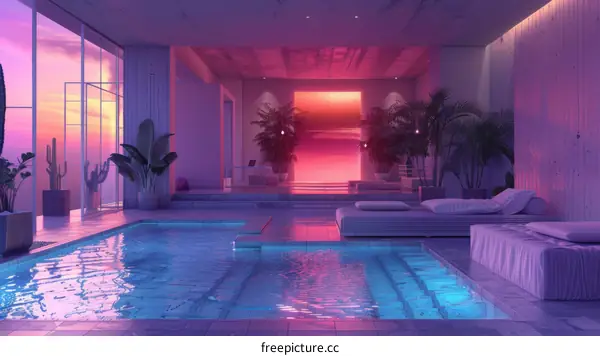 Surreal Indoor Pool with Sunset View