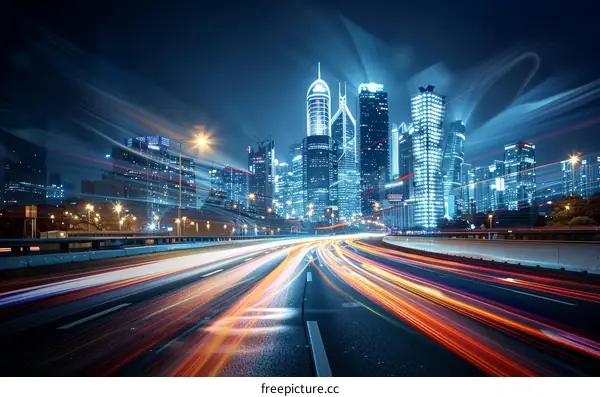 Light trails on a busy road in a modern city at night with skyscrapers in the background