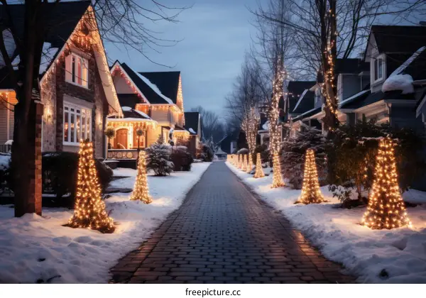 Christmas Street Scene with Houses Decorated in Festive Lights
