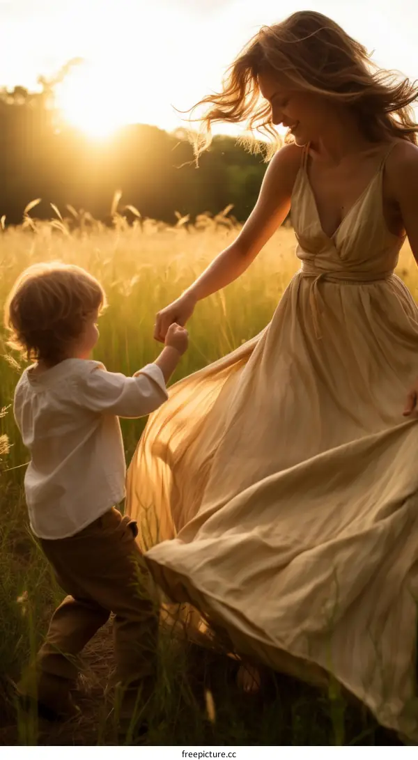 Mother and son running through a field of wheat at sunset