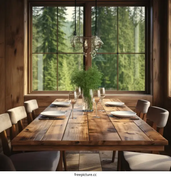 Rustic Wooden Table with Greenery Vase in Front of Window