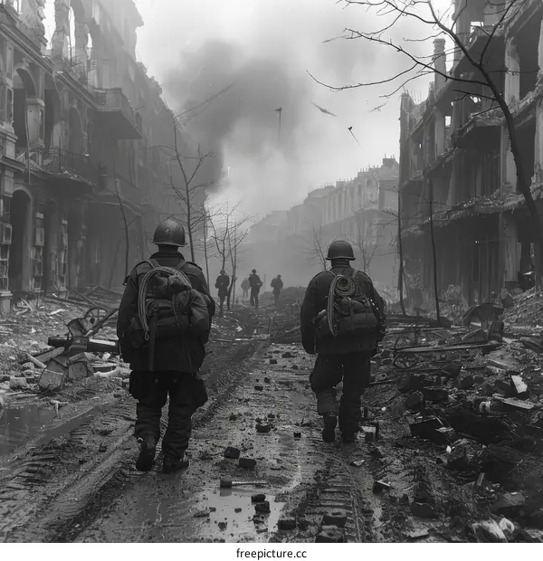Two soldiers walking through a destroyed city during World War II