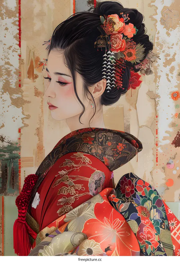 Portrait of a Japanese woman in traditional kimono