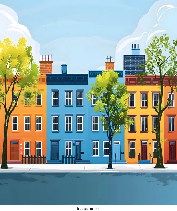 Colorful Row Houses On A Sunny Street
