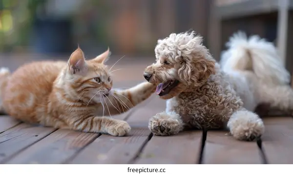 cute cat and dog playing together on wooden floor
