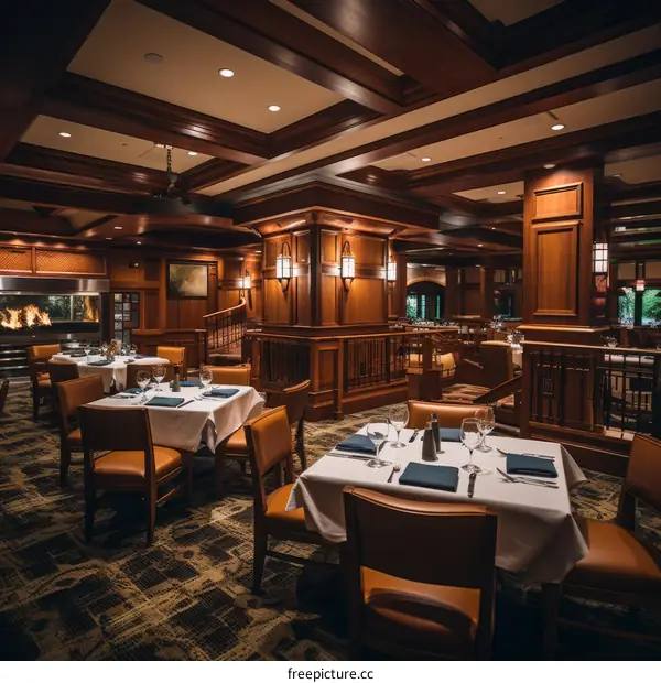 Luxurious Restaurant Interior with Fireplace and Wooden Decor