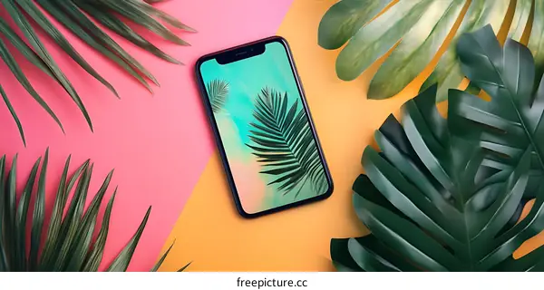 Tropical Leaves and Smartphone on Pink and Yellow Background
