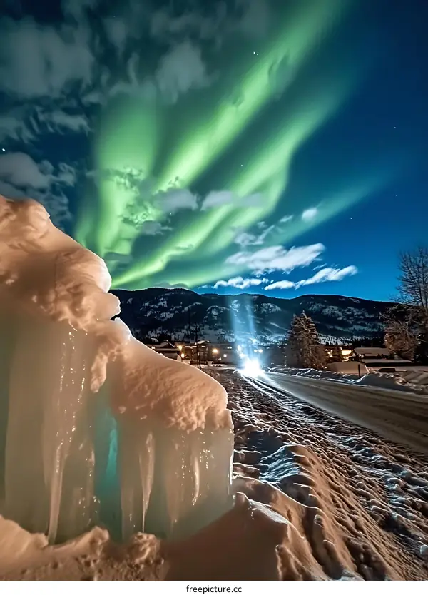 Aurora Borealis Display Over Snowy Road