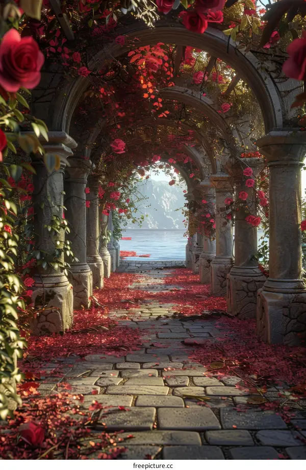 Stone Archway Adorned with Red Roses