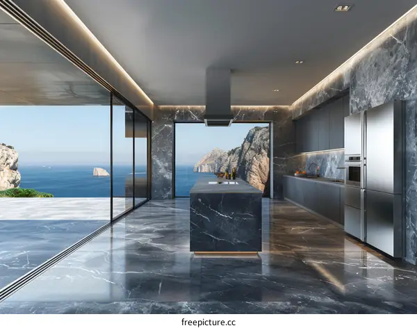 Modern minimalist kitchen with large windows overlooking the sea