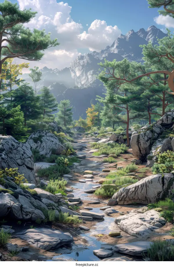 Picturesque Rocky Mountain Stream in a Valley with Boulders and Trees