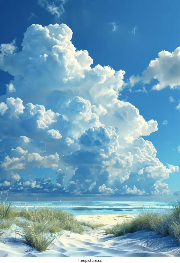 A beautiful beach with white clouds in the blue sky