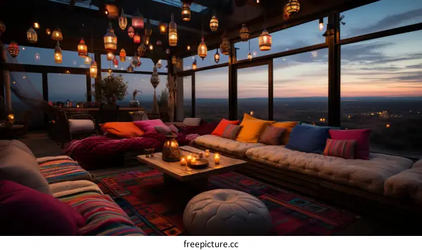 A Cozy and Colorful Living Room with a Stunning City View