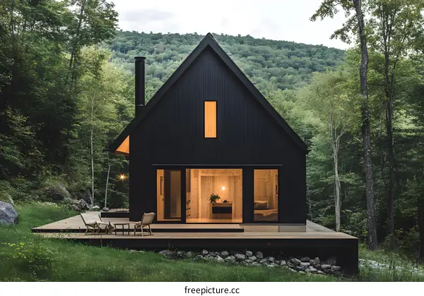 Modern Black Cabin in the Woods with Deck and Mountain Views