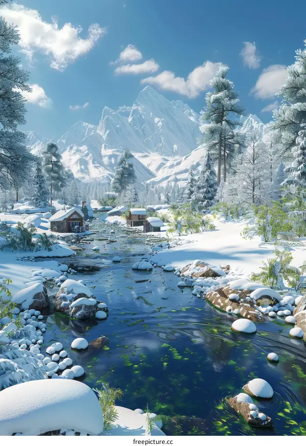 Snowy Mountain Cabin with Towering Peaks and Icy River