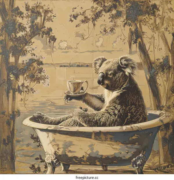 A Curious Koala Soaking in a Calming Bath Surrounded by Eucalyptus Trees