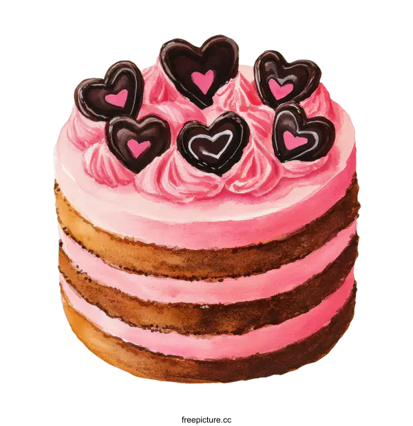 [Transparent Background PNG]Watercolor Illustration of a Pink Layer Cake with Chocolate Hearts