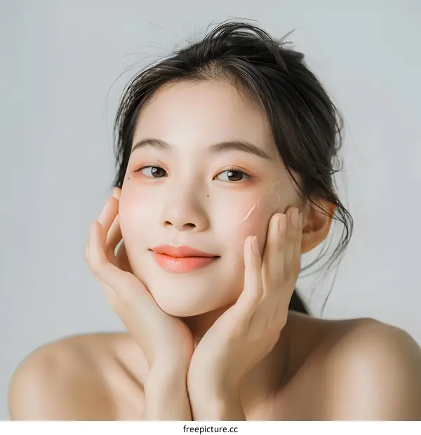 Asian Woman with Clear Skin Applying Face Mask