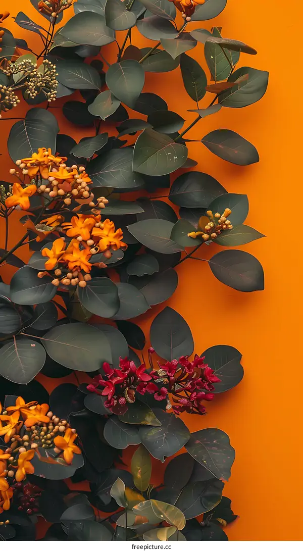 Orange and Red Flowers with Green Leaves on Orange Background