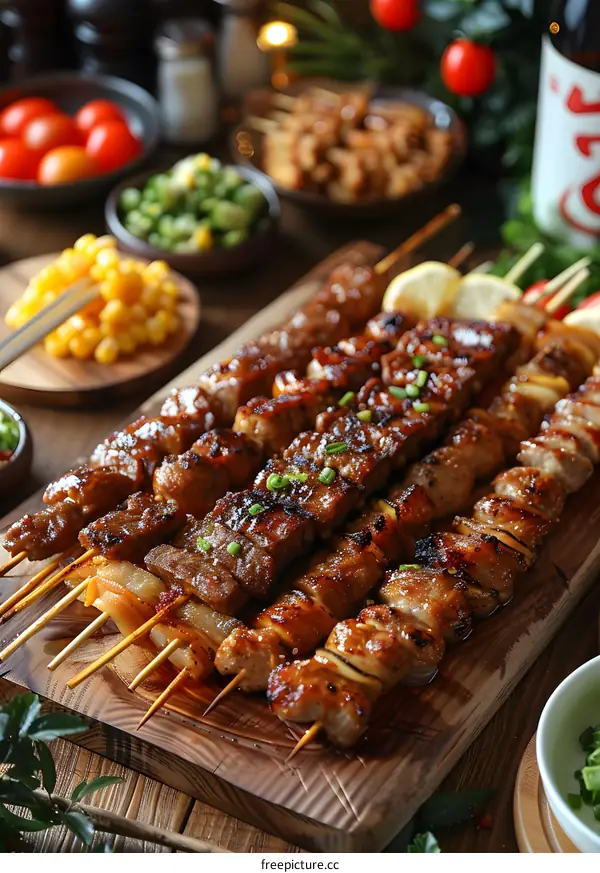 Grilled meat skewers on wooden board
