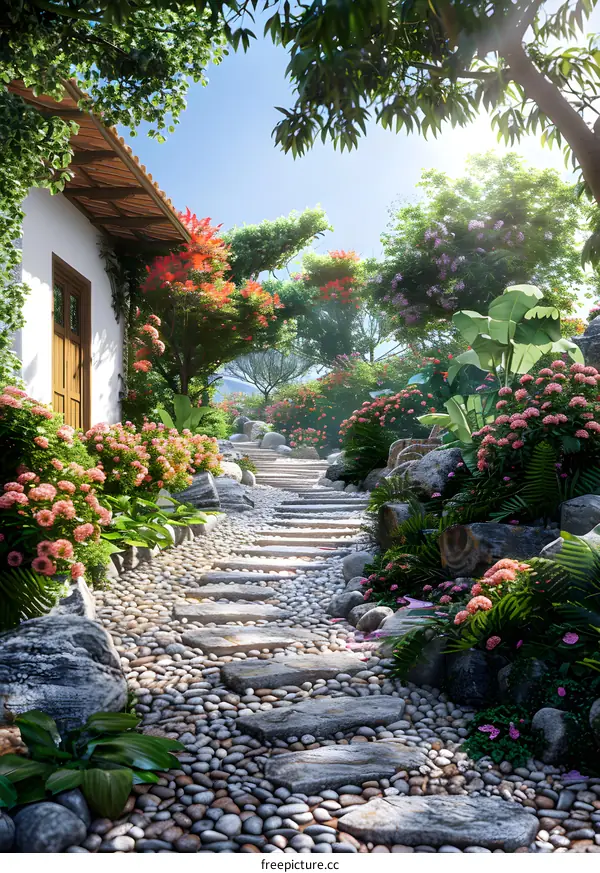 Pebbled path through a blooming garden