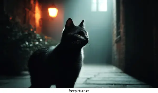 Mysterious Black Cat in an Alleyway at Night