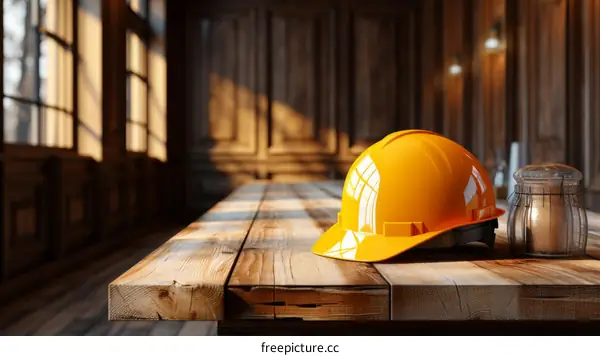 Yellow hard hat on a wooden table