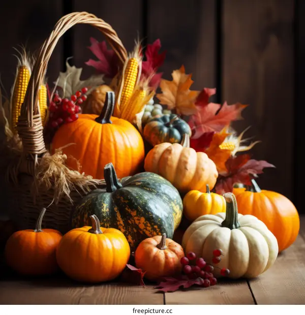 Autumn Harvest: Pumpkins, Gourds & Fall Leaves in a Basket