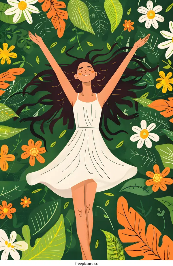Woman in White Dress Lying on Green Grass Surrounded by Flowers Illustration