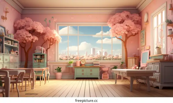 An illustration of a classroom with pink walls and white furniture