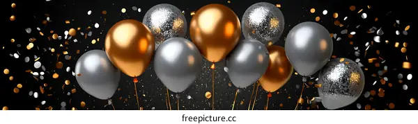 Celebration Balloons with Confetti on Black Background