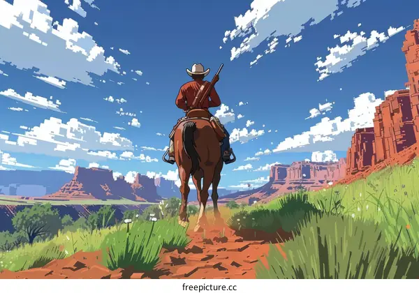 Cowboy riding horse in desert with mesa in background