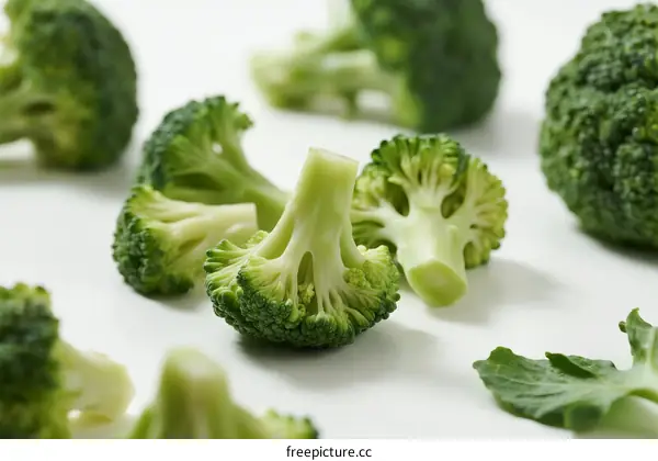 Fresh Green Broccoli Florets Arranged on White Background