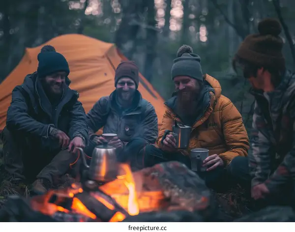 Four men camping in the woods