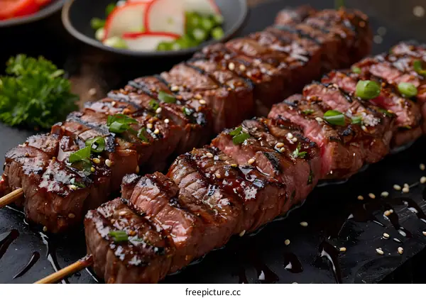 Grilled beef skewers on a black slate board