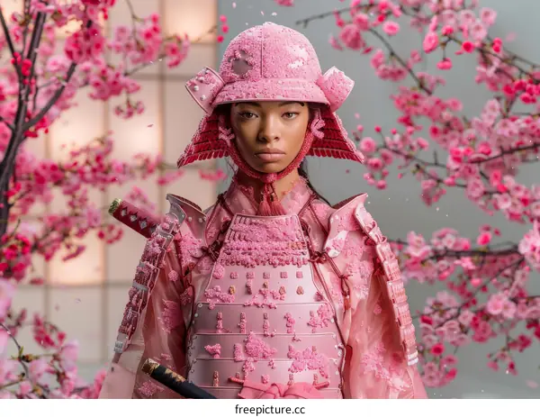 Black Woman in Pink Samurai Armor with Cherry Blossoms