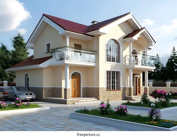 Modern Two Story Yellow House With A Red Roof And Front Yard