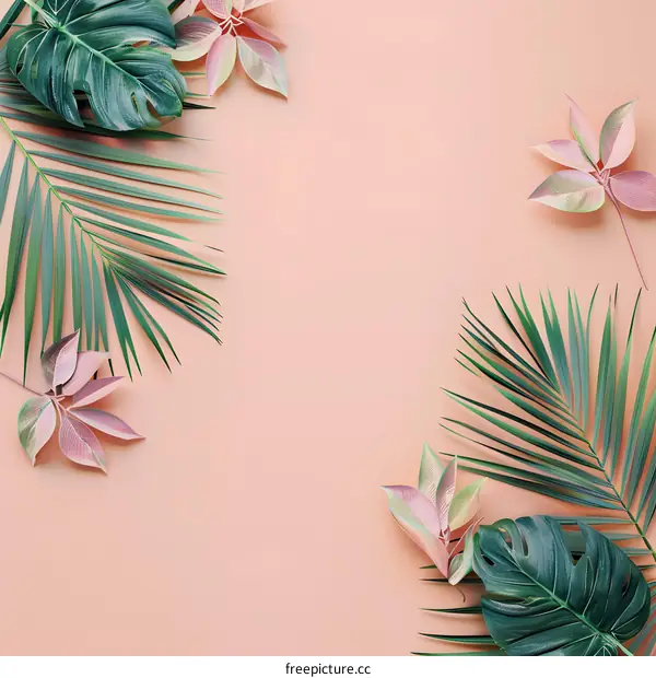 Tropical Leaves Background With Pink And Green Foliage