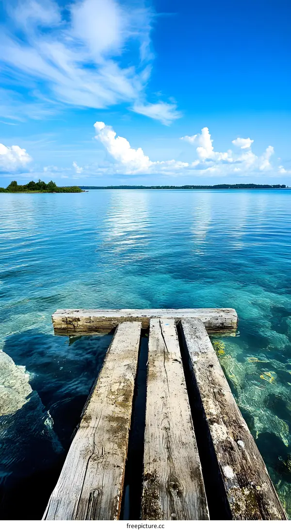 Wooden Pathway Leading to Clear Blue Water and Sky
