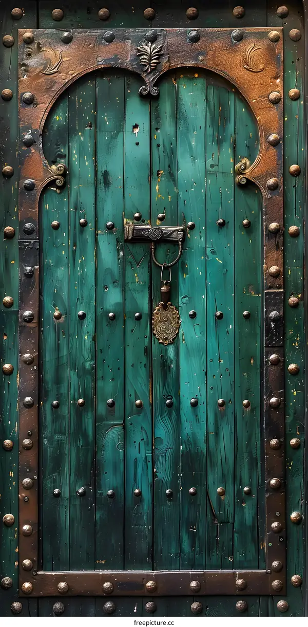 weathered wooden door with metal accents