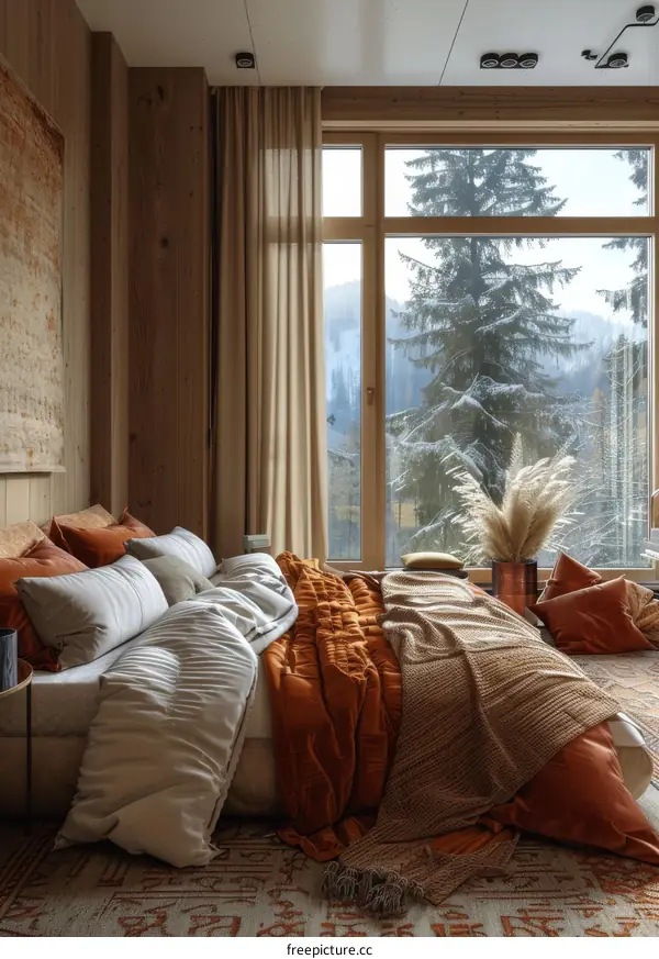 Cozy Winter Bedroom with Mountain View