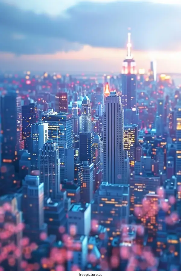 Cityscape of New York City in blue and purple colors