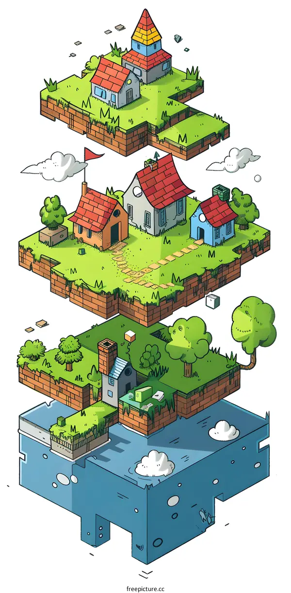 Floating Houses and Islands Isometric Illustration
