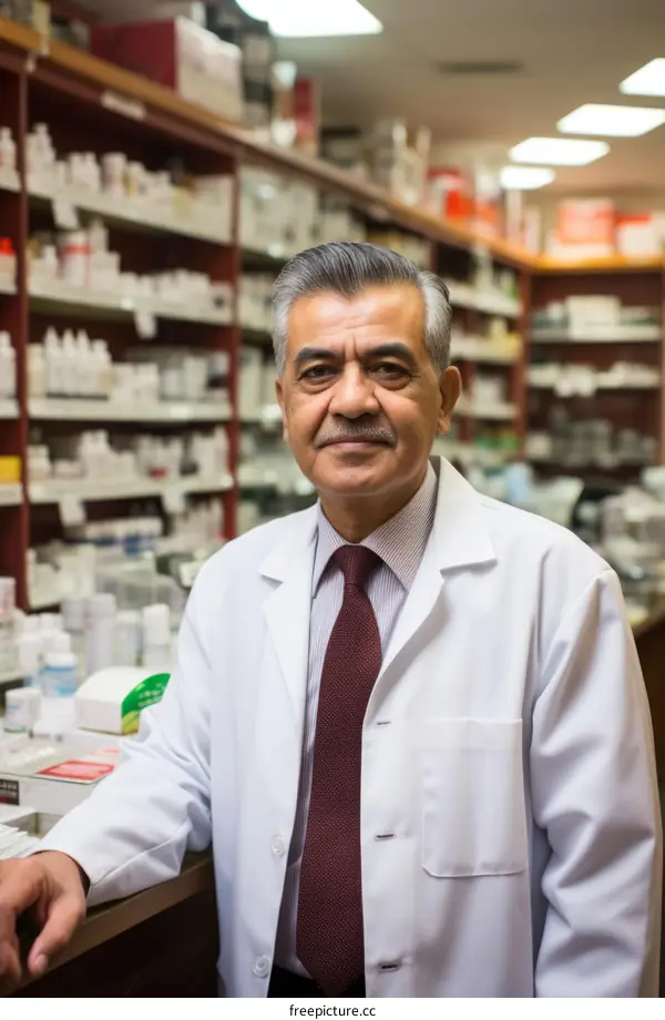 Portrait of a male pharmacist in a white coat standing in a pharmacy