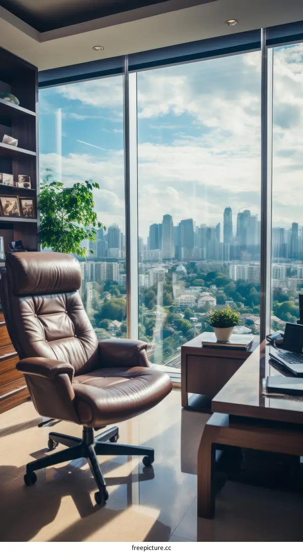 A modern office with a large window and a leather chair