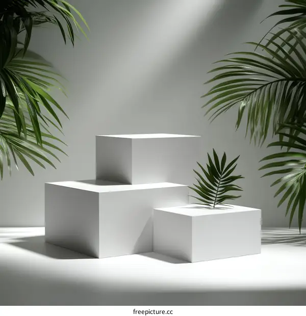 White Product Display Stage with Tropical Plants