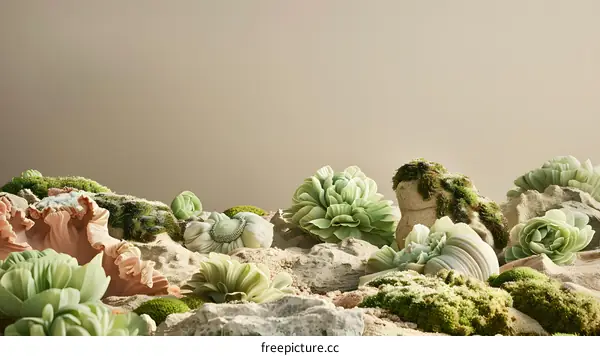 Green Succulents on Beige Background